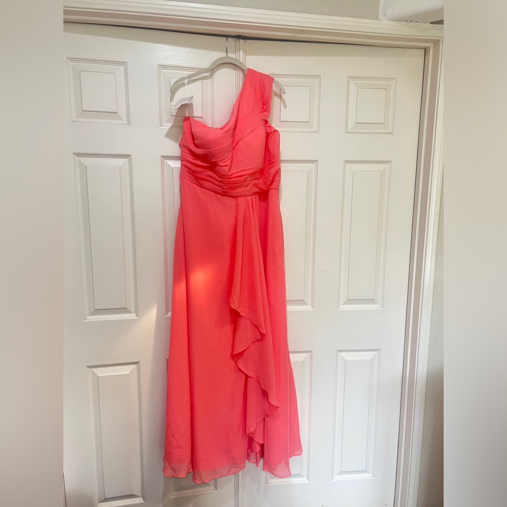One Shoulder coral Chiffon Slit front Ruffle  Formal‎ bridesmaids Dress 16 NWNT